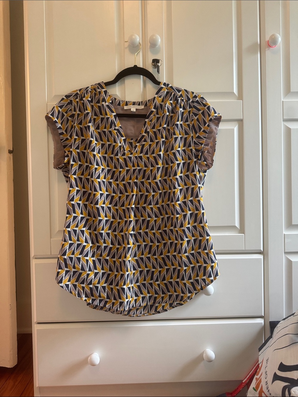 fun 2 fun Yellow and Navy Geometric V-Neck Blouse